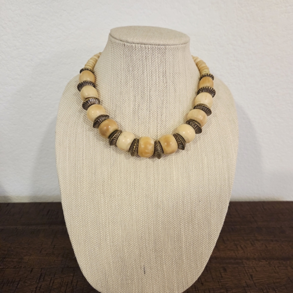 Antique Vintage Old Rare Estate Hand Carved Chunky Beads Brass Necklace